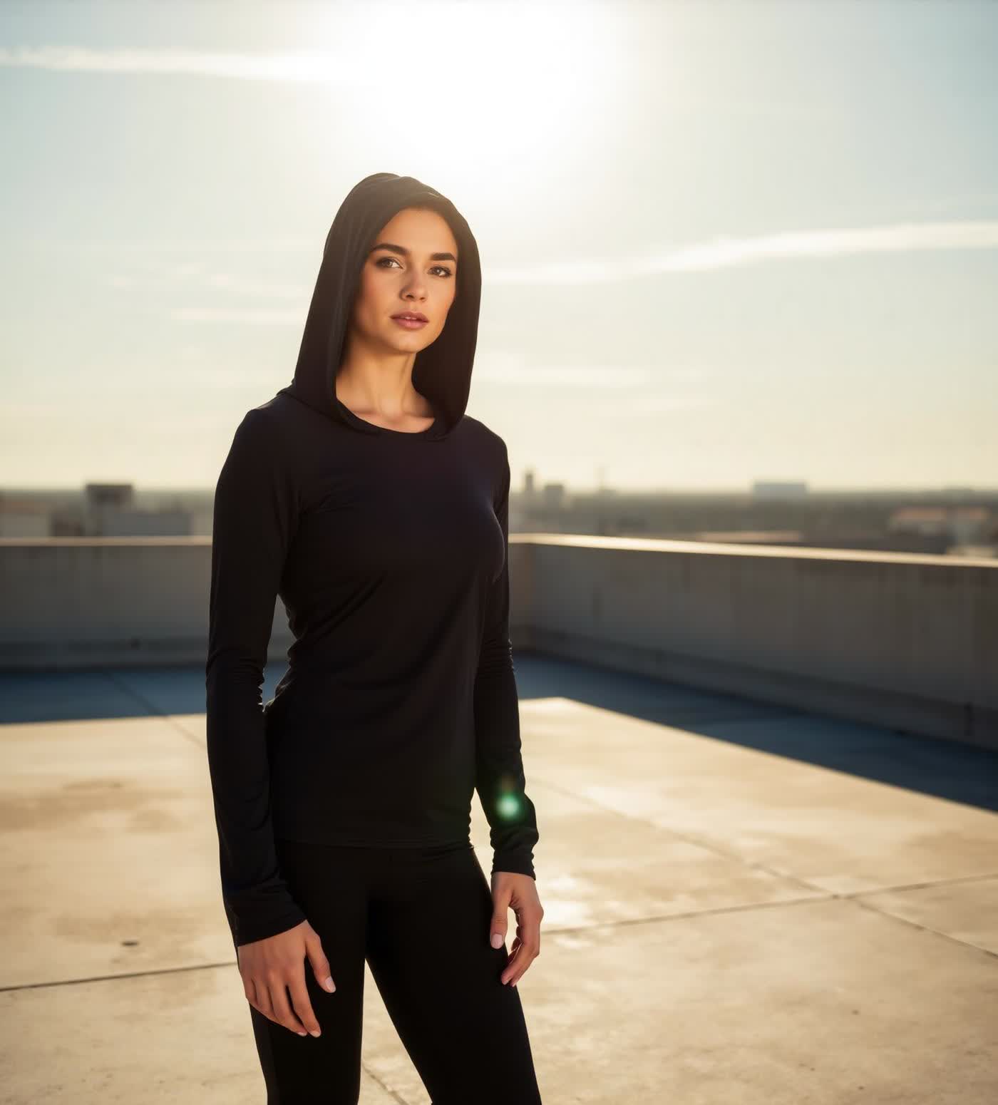 Athlete wearing a black UPF 50+ hooded long sleeve in direct midday sunlight