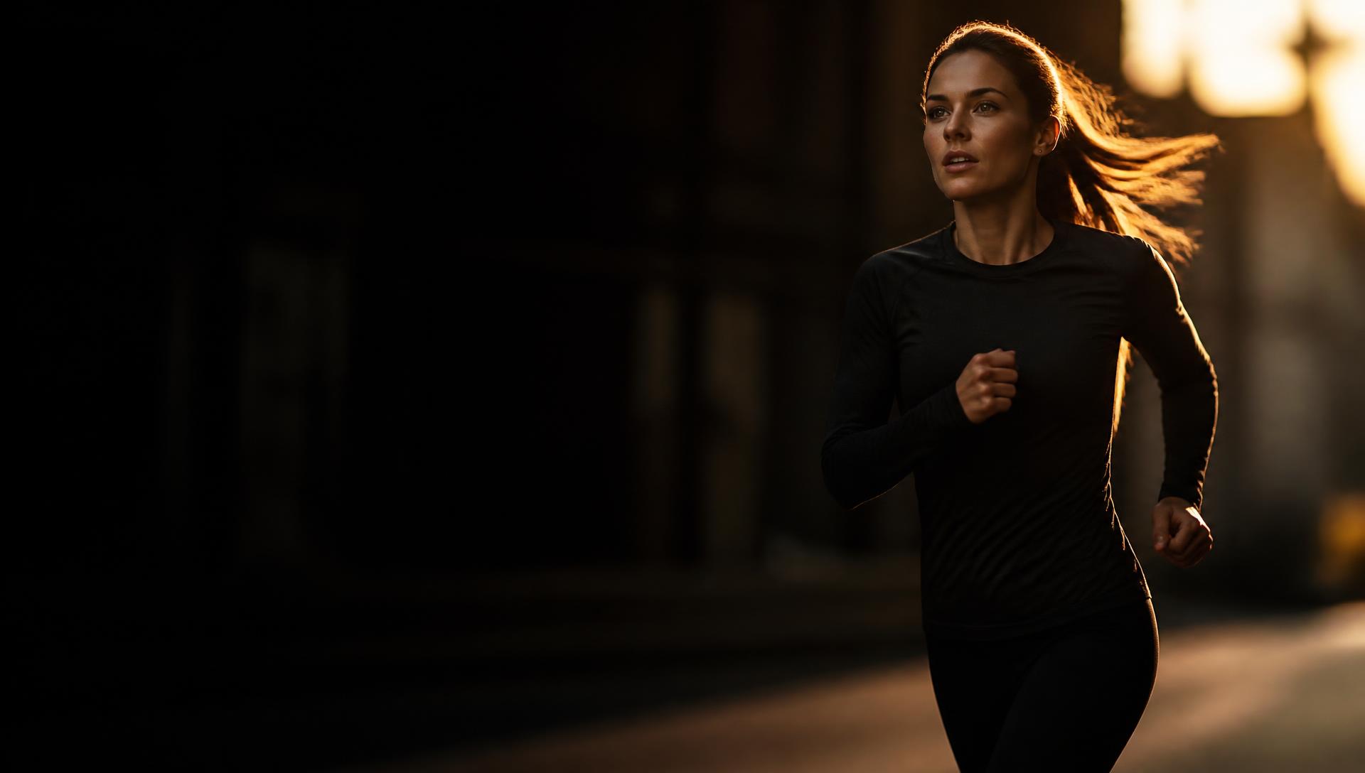Female athlete running at golden hour in dark performance apparel